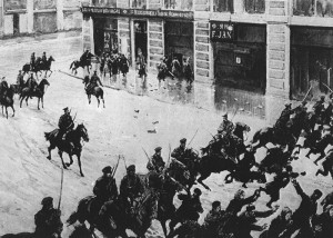 rewolucja1905-5 - żandarmi rozpędzają demonstrantów w Warszawie